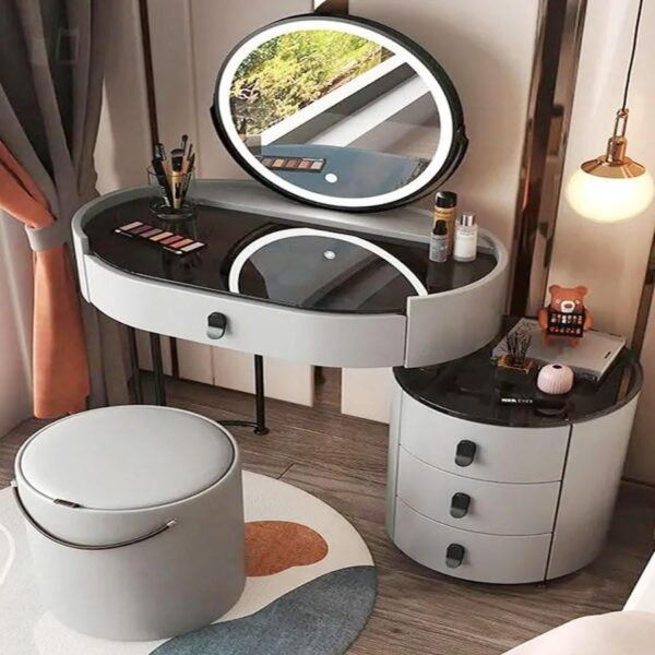 Set of 2 Multifunction Modern Luxury Design Dressing Table Tempered Glass Tabletop Vanity Dresser Rotatable Tri Color LED Vanity Mirror Table with 4 Drawers and Comfortable Soft Seat.