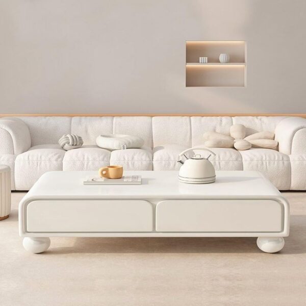 Multifunction Round Corner Design Solid Wood Coffee Table Round Foot Center Table with Silent Rail Track 4 Storage Drawers Low Serving Table for Living Room Home Office 120x60x39.5 cm.