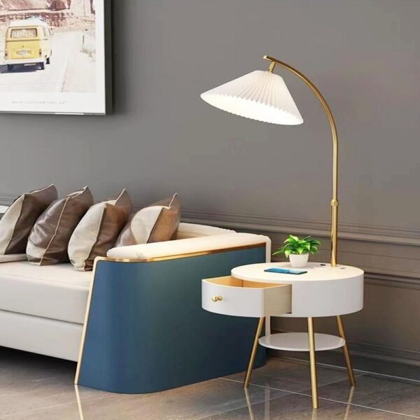 Multifunction Scandinavian Style Floor Lamp Coffee Table Smart Light Bedside Table with 2 Shelves Storage and Drawer Sofa Side Table Nightstand for Bedroom Living Room Home 38x160 cm