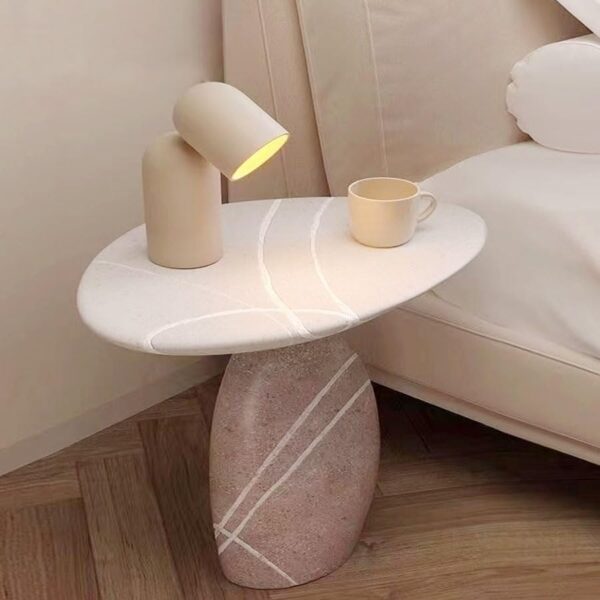 1-Piece Modern Scandinavian Style Stone Carved Art Design Resin Side Table Round Top Tray End Table for Bedroom Living Room and Home Décor 49x33.5x50 cm.