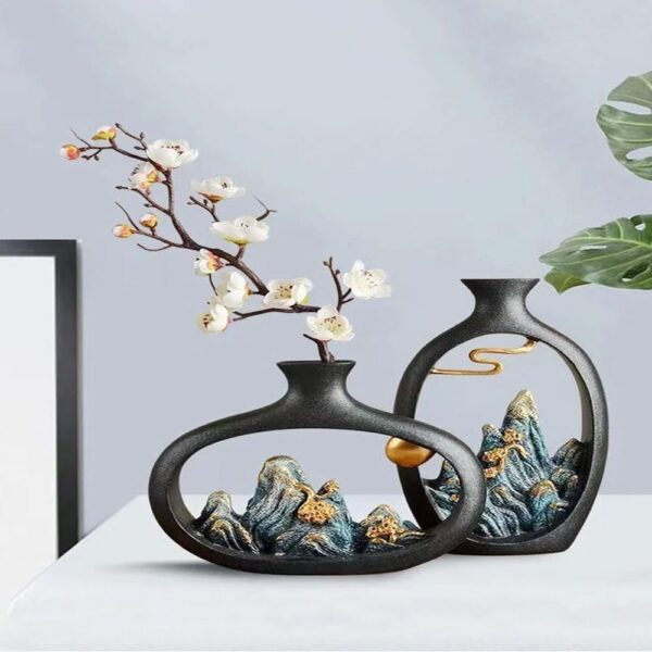 2-Pieces Durable Resin 3D Creative Art Style Japanese Design Plant Flowers Pot Vase Desktop Decoration for Living Room Home Office 16x58 and 23x44 cm.