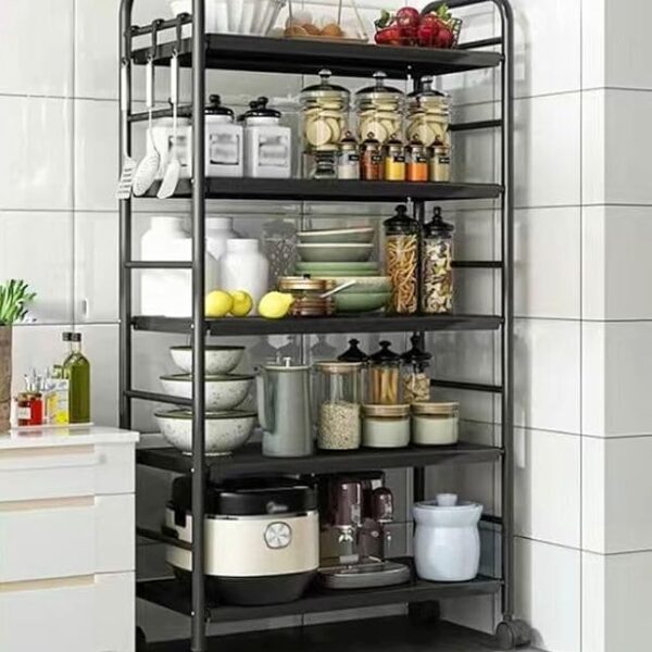 5 Tiers Multifunctional Moveable Kitchenware Storage Cabinet Portable Stand Countertop Home Kitchen Shelves And Organizer 70 X 33 X 133 Cm Black