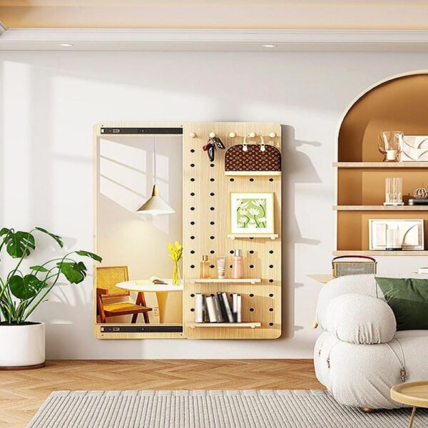 Modern Design Multifunctional Entryway Mirror with Hook and Shelves, 2-in-1 Coat Rack Wall Mounted Glass Panel Mirror for Porch Entrance DIY Storage Panels with Shelves.