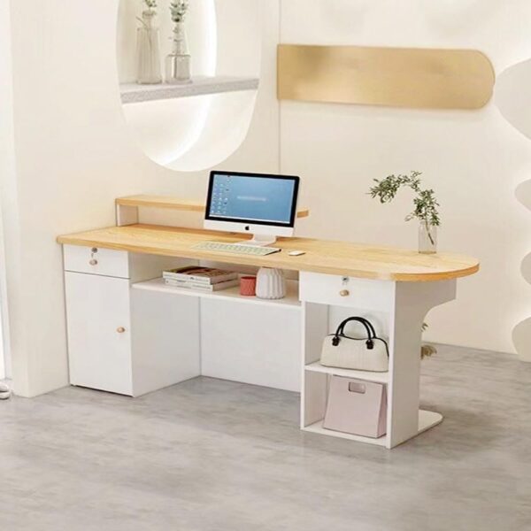 Multifunctional Curved Round Edge Design Reception Counter, Checkout Counter, With Locked Drawers, Reception Counter Table with Display Shelf & Drawers, for Checkout, Lobby, Salon 100x50x105 cm.