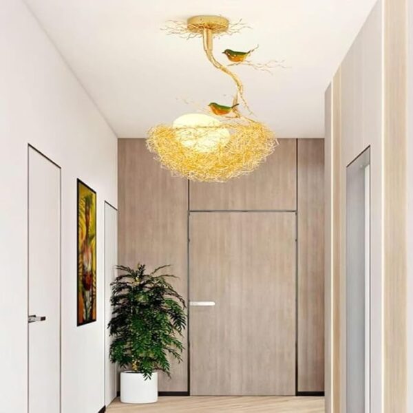 1-Piece Creative Woven Nest Design Chandelier Aluminium and Glass Pendent Light with Birds LED Hanging Ceiling Light Fixture for Dining Room Living Room Restaurant Home Office 33x49 cm.