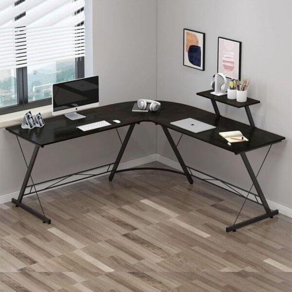 Modern L Shape Gaming Table Computer Desk with Spacious Monitor Stand – Sturdy and Ergonomic Writing Workstation for Home Office and Gaming Setup 258 X 46 X 74 Cm Black
