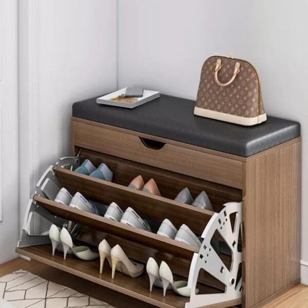 Upgraded 3 Layer Hidden Storage Shoe Rack Boots Cabinet Dust Proof Space Porch Wooden Shoe Cabinet With Seats Changing Stool And Storage Box 60 X 36 X 58 Cm Brown/Black