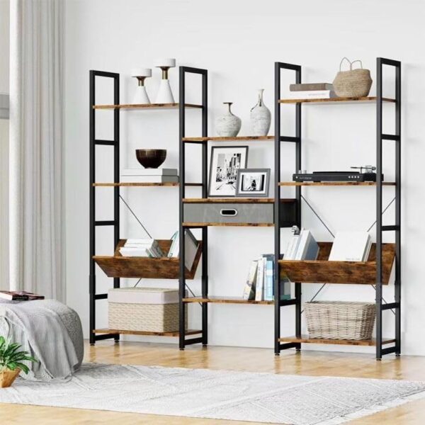 4 Tier Multifunction Storage Adjustable Rustic Industrial Style Book Shelves Modern Tall Bookcase Display Furniture For Bedroom Living Room And Home Office 64 X 11 X 57 Inches Brown/Black