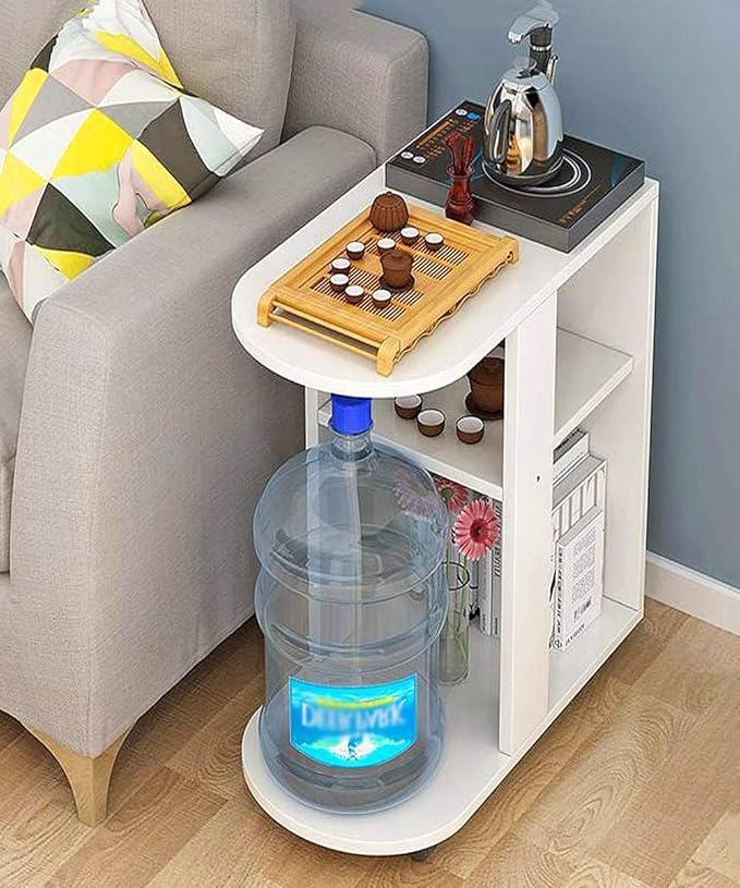 10 Bedside Table - 3 Layers Multipurpose Wooden Rounded Study Table with bookshelf - Sofa Side Table for Clock, Decor and Other Household Accessories Organizer (60x30x57 CM, White) - Image 1