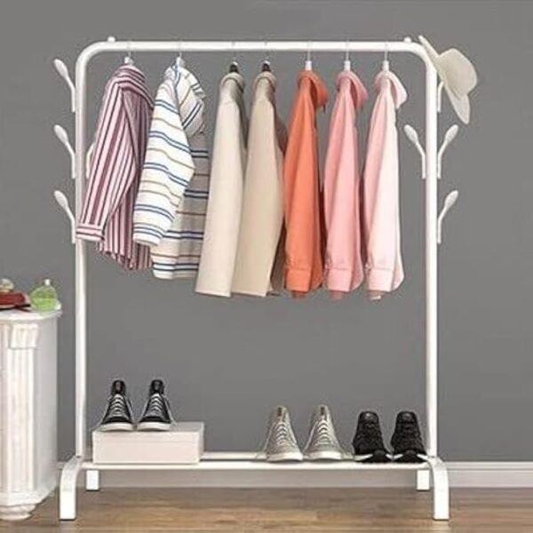 Clothes Stand For Cloth and Coat Hanging - Tree Shaped Holding Hooks for Hat, Towel, and Bags - Metal Garment Cloth Stand and Shoes Rack (110 x 154 x 43 CM, White)