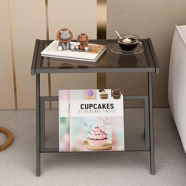 Glass-top Sofa Side Table Accent End Table with Magazine Rack Bedside Nightstand Z Shaped Coffee Table for Bedroom Living Room Small Space 50 x 37 x 57 Centimeter