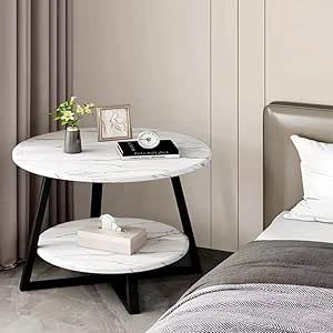 2-Tiers Nordic Design Round Coffee Table Iron Frame with Wood Top End Table Center Table for Bedroom Living Room Home Office Furniture 40x40x55 cm.