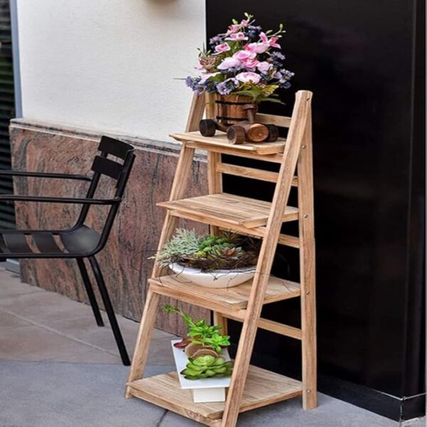 Woodeen Foldable Ladder Shelf,Plant Stand,Indoor Flower Pot Stand,Folding A Framde Display Shelf,Free Standing, Patio Wood Stand with Shelves,Wooden Stand Outdoor Pot Rack.