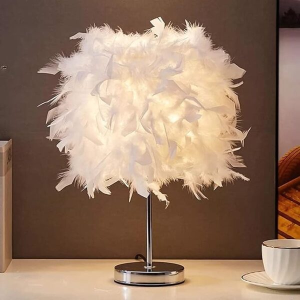 Table Lamp - Luxury and Modern Design Sidetable Lamp with White Feather Lampshade - Portable Desk Lamp for Home and Office Decoration in 23D x 10W x 35H CM
