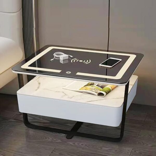 Fully Assembled Multifunctional Modern Bedside Table with Adjustable LED Lighting Unique Design Smart Wireless Charging USB Port and Spacious Storage Drawer Nightstand For Bedroom 48x40x50 cm