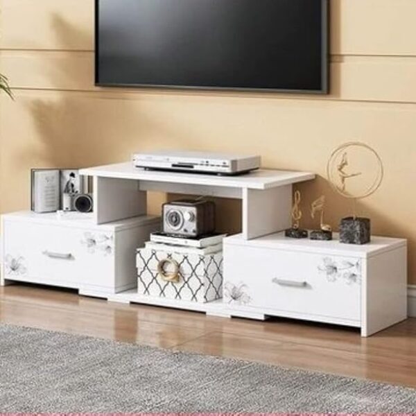 TV Stand Table Living Room Home Furniture Modern Style with Adjustable Width, Storage Shelves, Cable Management Sturdy Construction Ideal for TVs and Decorative Display.