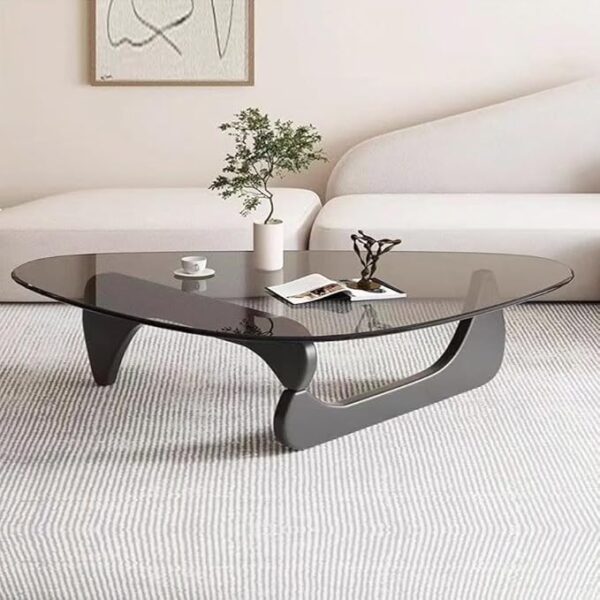 Mid Century Abstract Design Modern Coffee Table – Solid Wood Frame Small Triangular Side Table with Clear Glass Top for Contemporary Living Room and Stylish Home Decor 83x57x40 cm.