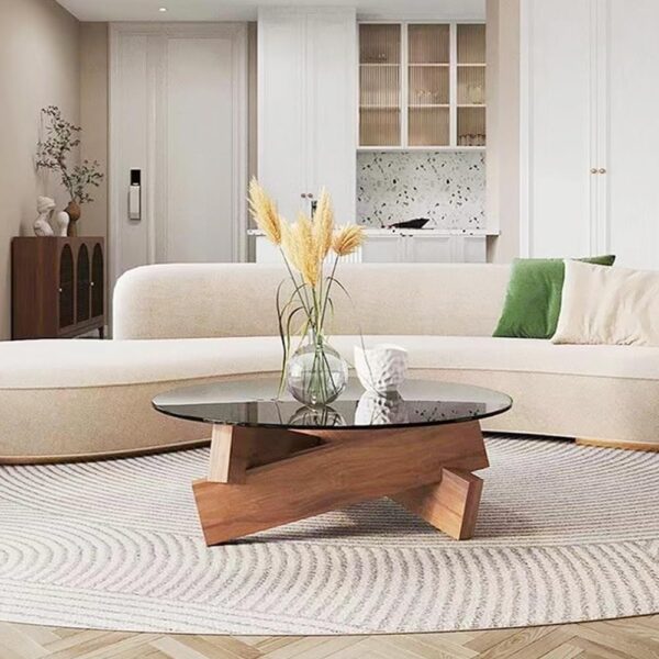 Coffee Table, Round Coffee Table for Living Room Modern Glass Coffee Table with Solid Wood Legs Farmhouse Mid Century Center Table Large Circle Cocktail Table 80 x 30 cm