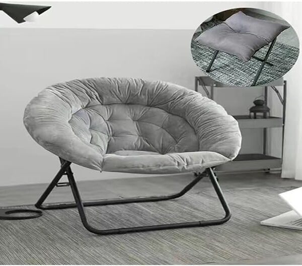 Fully Assembled Set of 2 Modern Design Comfortable Fabric Round Folding Chairs with Black Iron Frame and Footrest Stools – Cozy and Stylish Seating for Home Office 94x67x82 and 38x38x40 cm.