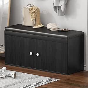 Wooden Rack Bench Shoe Changing Stool Seat Shoe Rack Cabinet Leather Cover Closet Shoes Rack Organizer Multi-Function Storage Shoes Rack (100x32x50cm) (Dark Brown)