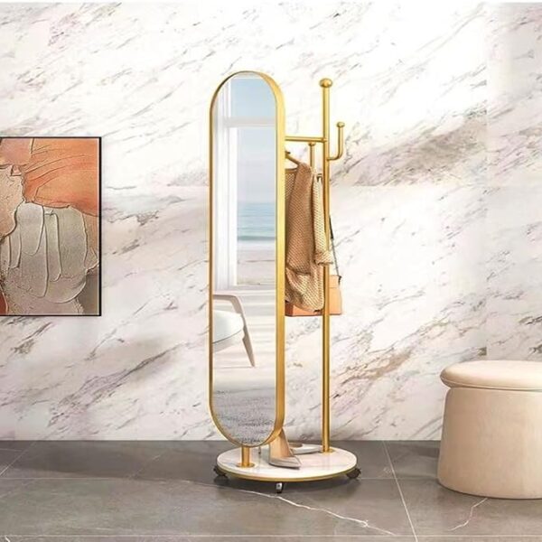 Multifunctional Movable Nordic Design Decorative Full Body Dressing Mirror with Floor Hanger Coat Rack, Storage Shelf, and Swivel Wheels for Easy Mobility 45x170 cm.