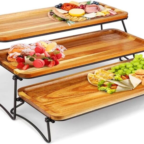 3 Tier Serving Tray, Collapsible Wooden Dessert Table Display Set Rustic Wood Dinner Serving Platter Tray for Fruit Dessert Presentation Party Display Set.
