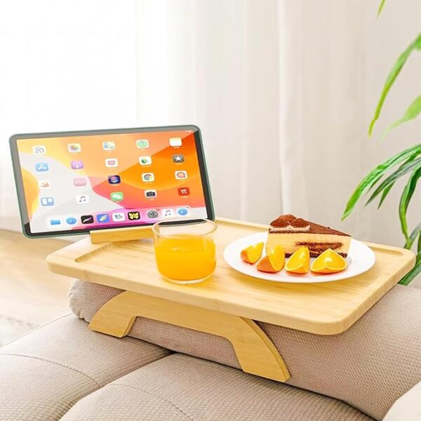 Bamboo Couch Arm Table for Wide Couches Arm Foldable Sofa Arm Tray Clip Table with 360° Rotating Phone Holder Portable Arm Tray/Armrest Tray for Eating and Drink Tray.