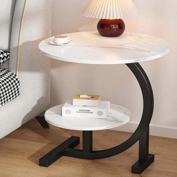 2-Tier Sofa Side Table, Modern Small Coffee Table C-Shaped Legs Round End Table Beautiful Top and Black Metal Frame for Living Room, Bedroom or Small Spaces Décor 40x62 cm.