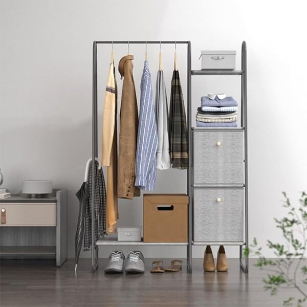Multifunction Metal Clothes Rack with Non-Woven Fabric Drawers Storage Rack - A Contemporary Wardrobe Solution Merging Fashion and Functionality for Home and Office 1 x 0.4 x 1.5 Meter.