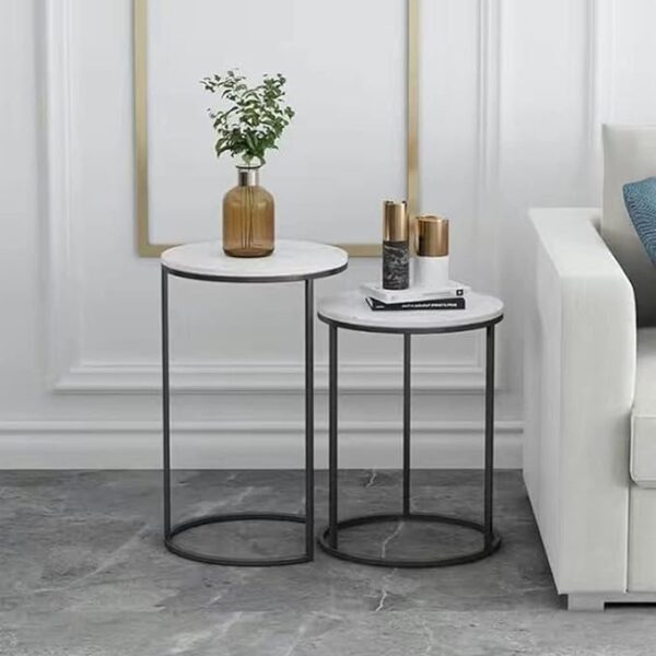 Modern Round Small Nesting Side Coffee Tables Set of 2 Sturdy Metal Frame and Marble Table Top Stacking End Tables for Outdoor and Indoor Living Room 40 x 40 x 60 cm.