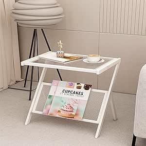 Glass-top Sofa Side Table Accent End Table with Magazine Rack Bedside Nightstand Z Shaped Coffee Table for Bedroom Living Room Small Space 50 x 37 x 57 Centimeter(White).