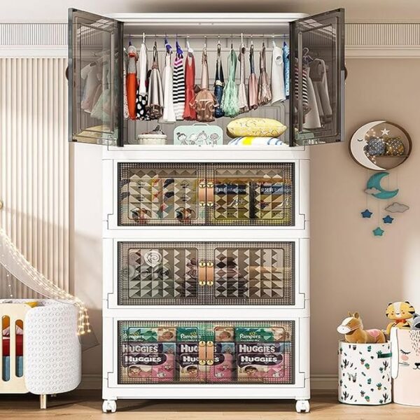 3 Tier Plastic Stackable Storage Bins Organizer And 1 Layer Wardobe Storage Boxes with Lids Folding Storage Box with Wheels & Doors Storage Bins for Living Room Study Office 38 x 65 x 165 cm.