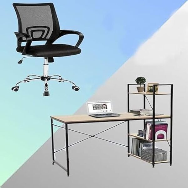 2 in 1 Bundle - Computer Desk with Storage Shelves Study Writing Table and Office Chair Comfort Ergonomic Height Adjustable Desk Chair.