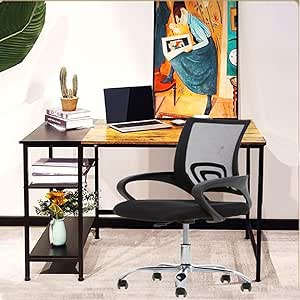 Set of 2 Modern Industrial Vintage Style Computer Desk Workstation Sturdy Writing Desk With Adjustable Mid Back Mesh Computer Chair For Home And Office.