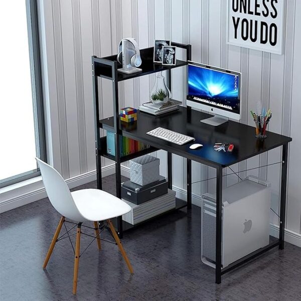 Set of 2 Modern Home Office Work Study And Gaming Storage Bookshelves Table with Scandinavian Style Natural Wood Legs Mid Century BM Molded Shell Lounge Plastic Arm Chair for Home Office.