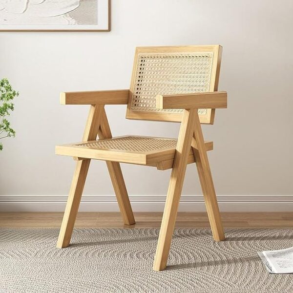 Modern Solid Wood and Rattan Accent Chair Handcrafted Elegance for Living Space Mid Century Design Comfortable Reclining Armchair Multifunctional Dinning Chair ‎54 x 51.5 x 80.5 cm.