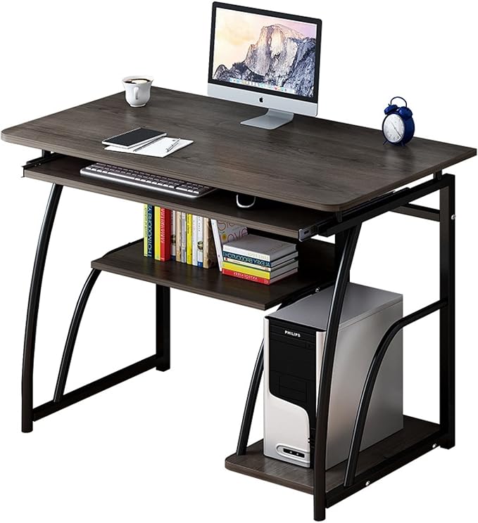 6 Study Writing Computer Table, Wooden Laptop desk for Office and Home, Black Computer Desk with Bookshelf - 60 x 40 x 71 CM Computer Desk with Printer shelves, Keyboard and Mouse Tray - Image 1