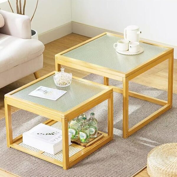 Nesting Coffee Table Set of 2 Square Tables, Glass Tabletop Side Tables with Sturdy Bamboo Frame, 2 In-1 Stacking Side or End Side for Living Room Balcony Apartment Home and Office.