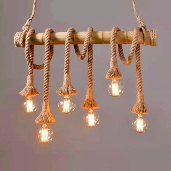 Embrace Vintage Charm Illuminate Your Space with Rustic Lighting Retro Rope Bamboo Pendant Chandelier Featuring 6 Lights A Timeless Fusion of Natural Materials Nostalgic Design.