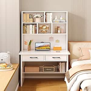 Multifunction Solid Wood Desk with Integrated Bookshelf, Multiple-Tier Bookcase and Workstation Spacious Study Table with Drawers and Storage Solution for Home Office or Study Room 80x50x180 cm.