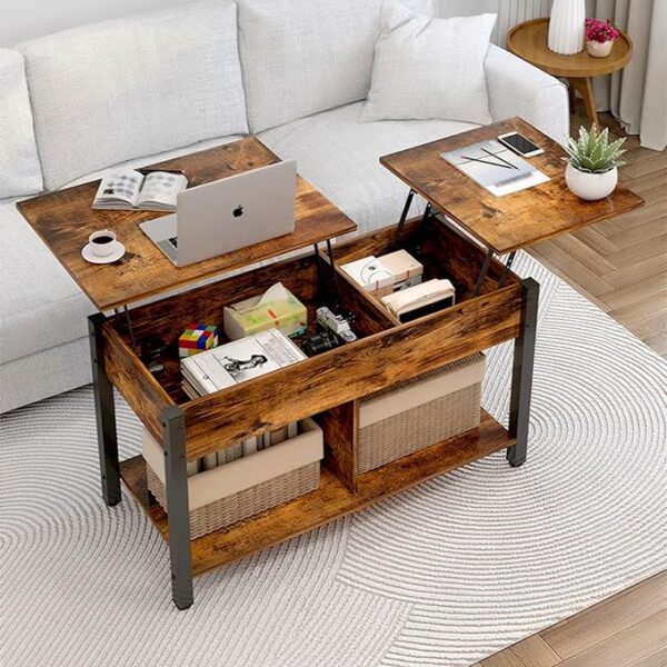 HomeLift Top Coffee Table with Hidden Compartment and Storage Shelf Wooden Lift Tabletop for Home Living Room Reception Room Office with metal legs (110x50x65)