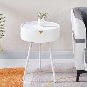 Modern Compact and Stylish Round Side Table with Triangle Metal Legs and Built-in Storage Shelf – Perfect Coffee Table for Small Spaces, Living Rooms, Bedrooms 40x54.5 cm.