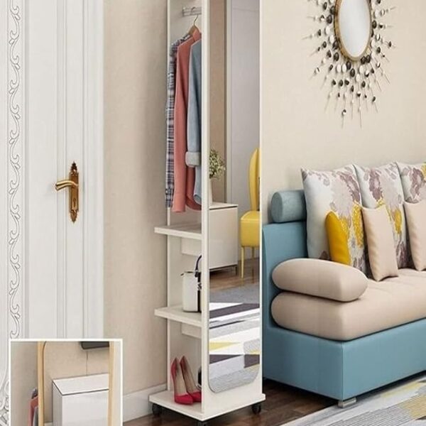 Multifunctional Moveable Dressing Mirror Bedroom Floor Coat and Cap Storage with Wheels
