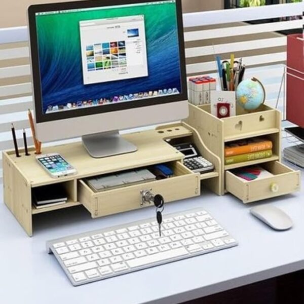 Wooden Small Monitor Stand Workspace Organizer (20 x 27 x 10.5 CM, Beige)
