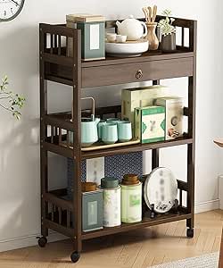 Multipurpose Dining Moveable Rolling Kitchen Wooden Trolley Cart Multifunctional Storage Cabinet Portable Stand Countertop Home Kitchen Shelves and Organizer 68.5x30x92cm