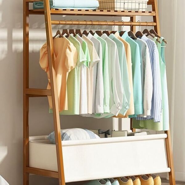 Bamboo Wood Garment Rack Clothing Rack, Multifunctional Bedroom Hanging Rack Clothing Organizer Hat Tree for Coat Jacket Trouser Shoe Coat Plant (70 x 40 x 141 cm)