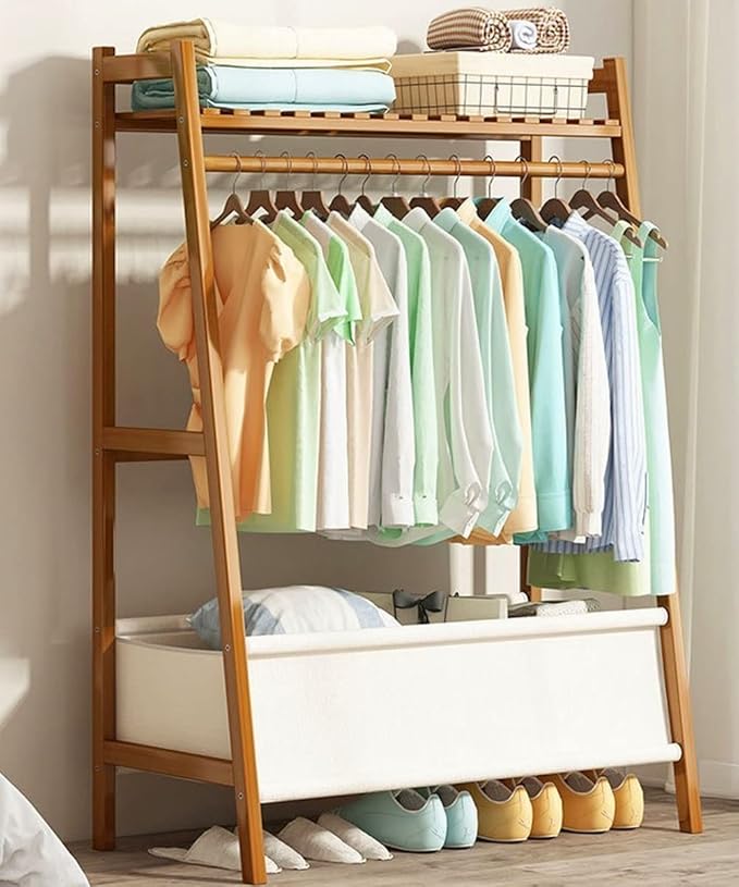 88 Bamboo Wood Garment Rack Clothing Rack, Multifunctional Bedroom Hanging Rack Clothing Organizer Hat Tree for Coat Jacket Trouser Shoe Coat Plant (70 x 40 x 141 cm) - Image 1