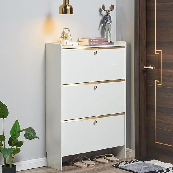 Slim Shoe Cabinet with 3 Flip Drawers, Free Standing Shoes Cabinets, Dust Proof Wooden Shoe Rack Organizer with Adjustable Shelf for Entryway, Bedroom, Hallway, Living Room 80 x 17 x 115 cm.