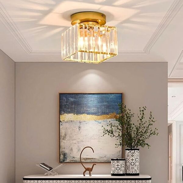 Gold Crystal Creative Iron Square Chandeliers, Crystal Ceiling Light Fixtures, Modern Flush Mount Ceiling Lamp Hanging Chandelier Lighting for Bedroom,Hallway,Aisle,Hallway,Cloakroom,Bathroom