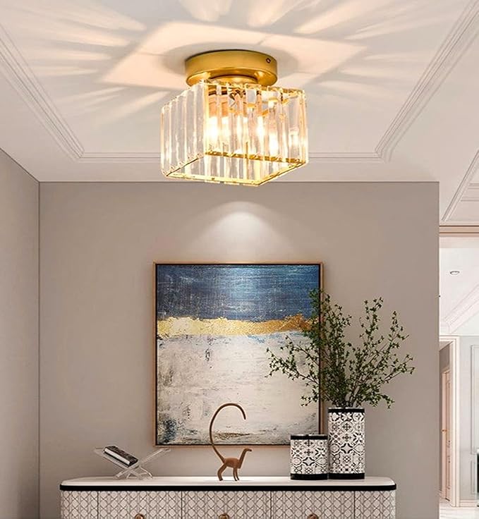 97 Gold Crystal Creative Iron Square Chandeliers, Crystal Ceiling Light Fixtures, Modern Flush Mount Ceiling Lamp Hanging Chandelier Lighting for Bedroom,Hallway,Aisle,Hallway,Cloakroom,Bathroom - Image 1